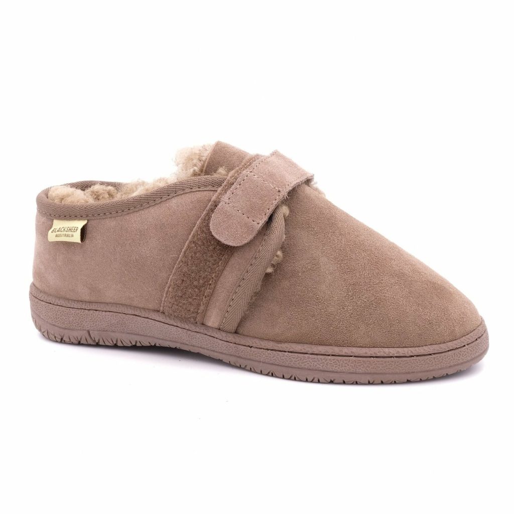 Photo of the Black Sheep Australia Hudson healthcare sheepskin slippers with a hook and loop strap